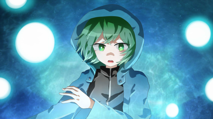 1other 21scorpii androgynous anime_coloring bad_id bad_pixiv_id black_shirt blue_coat blue_jacket coat commentary_request danmaku evanescent_existence green_eyes green_hair hood hood_up hooded_jacket hoodie jacket len'en necktie open_mouth other_focus shirt shitodo_aoji short_hair shorts solo wide_sleeves