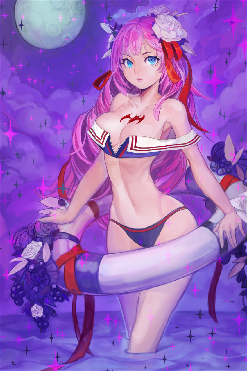 absurdres bad_id bad_pixiv_id bare_shoulders becky_flina bikini bikini_bottom_only blue_eyes breasts cleavage female highres innertube lips long_hair looking_at_viewer medium_breasts midriff moon navel pink_hair solo swim_ring swimsuit sword_girls tamidro wide_hips