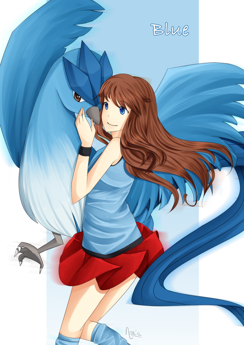 2012 4_toes ambiguous_gender articuno avian back_toe bird blue_background blue_body blue_clothing blue_eyes blue_feathers blue_shirt blue_topwear border bottomwear brown_eyes brown_hair clothing duo feathered_wings feathers feet female feral generation_1_pokemon hair hi_res human legendary_pokemon mammal nintendo pokemon pokemon_(species) red_bottomwear red_clothing red_skirt shirt signature simple_background skirt toes topwear white_body white_border white_skin wings winoa