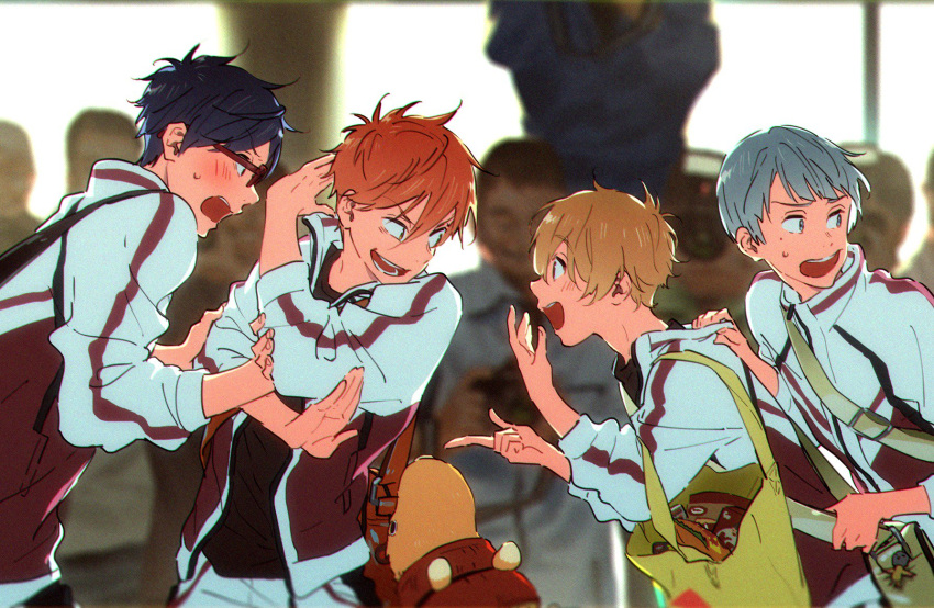 4boys :d backpack bag blonde_hair blue_hair blurry blurry_background blush commentary_request eye_contact free! glasses grey_hair hana_(dqkmb362) hand_on_another's_shoulder hazuki_nagisa highres jacket looking_at_another looking_to_the_side male_focus mikoshiba_momotarou multiple_boys nitori_aiichirou open_mouth pointing pointing_at_another pose red-framed_eyewear red_hair ryuugazaki_rei smile tote_bag