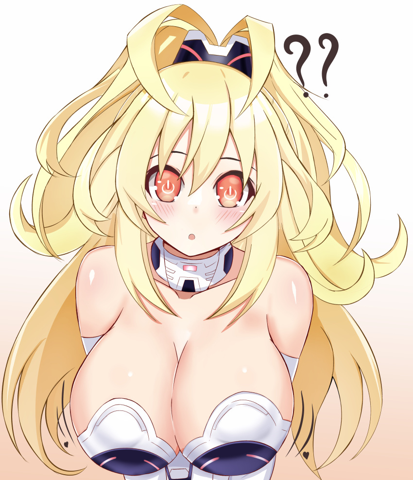 ? absurdres bare_shoulders blonde_hair blush breasts cleavage commentary_request curious curly_hair detached_collar elbow_gloves female gloves highres kami_jigen_game_neptune_v large_breasts leotard long_hair neptune_(series) open_mouth orange_eyes ponytail power_symbol power_symbol-shaped_pupils solo staring stiris_rangetsu symbol-shaped_pupils upper_body very_long_hair white_gloves white_leotard yellow_eyes yellow_heart_(neptunia)