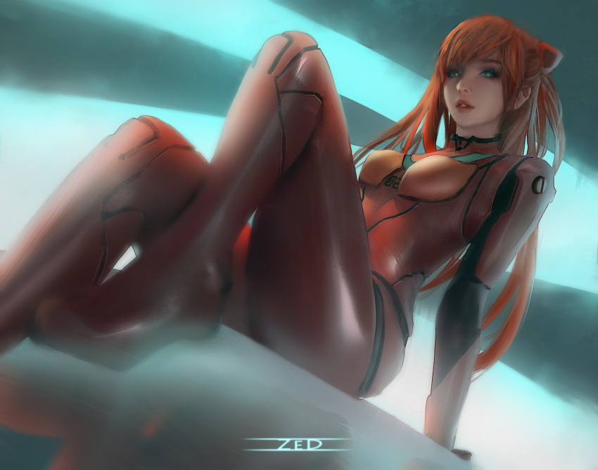 artist_name blue_eyes bodysuit braid closed_mouth female highres lips lipstick long_hair looking_at_viewer makeup neon_genesis_evangelion open_mouth orange_hair painting_(action) sitting solo souryuu_asuka_langley teeth twin_braids zed_(trungbui42)