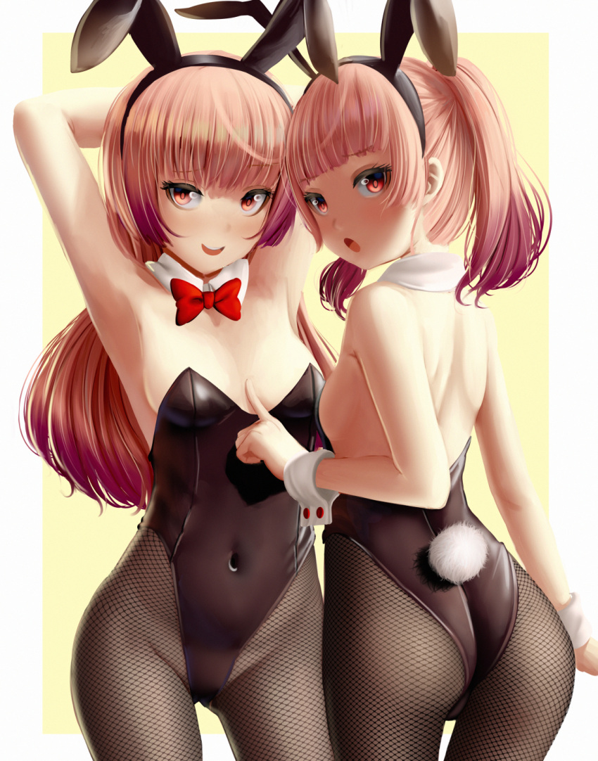 2girls :d animal_ears ass atelier_(series) atelier_lydie_&_suelle bad_id bad_pixiv_id black_leotard bow breasts commentary covered_navel cowboy_shot detached_collar dkoro english_commentary fake_animal_ears fishnet_pantyhose fishnets highres leotard looking_at_viewer lydie_marlen medium_breasts multiple_girls outside_border pantyhose pink_eyes pink_hair playboy_bunny rabbit_ears rabbit_tail red_bow siblings sisters small_breasts smile suelle_marlen tail twintails wrist_cuffs yellow_background