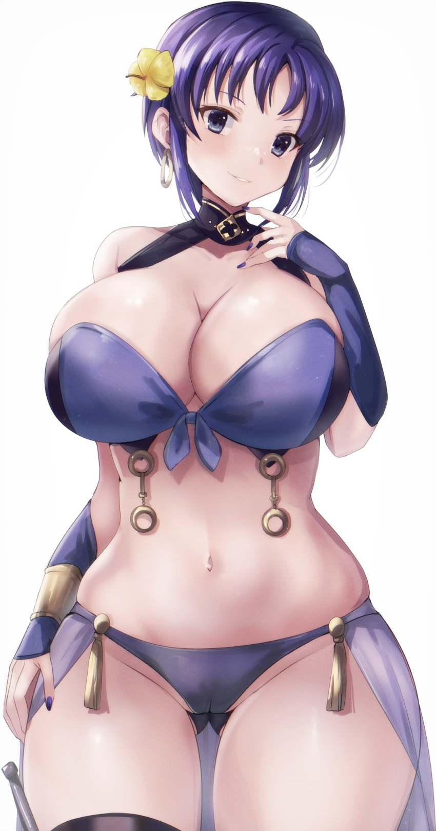 ass_visible_through_thighs bad_id bad_pixiv_id bare_shoulders bikini blue_bikini breasts cleavage curvy earrings elbow_gloves female fire_emblem fire_emblem:_the_blazing_blade fire_emblem_heroes flower gloves hair_flower hair_ornament highres huge_breasts jewelry looking_at_viewer nail_polish official_alternate_costume purple_eyes purple_hair short_hair smile solo swimsuit thick_thighs thighs ursula_(fire_emblem) ursula_(summer)_(fire_emblem) wide_hips yui_(msy1302mana)