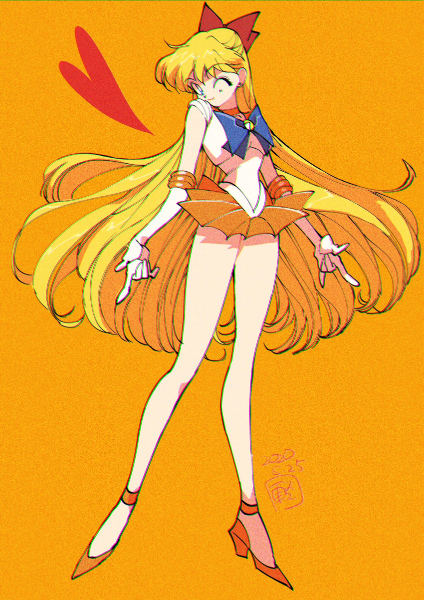 aino_minako back_bow bishoujo_senshi_sailor_moon blonde_hair bow choker chromatic_aberration commentary_request elbow_gloves female film_grain full_body gloves heart highres leotard looking_at_viewer magical_girl murimajimuri one_eye_closed orange_background orange_choker orange_footwear orange_sailor_collar orange_skirt pleated_skirt sailor_collar sailor_senshi_uniform sailor_venus skirt solo standing tiara white_gloves white_leotard