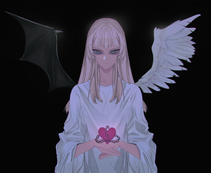 1other absurdres angel angel_and_devil angel_wings asymmetrical_wings black_background blonde_hair change_of_heart commentary commission demon_wings duel_monster gavll heart highres long_hair looking_at_viewer mismatched_wings simple_background solo wings yu-gi-oh!