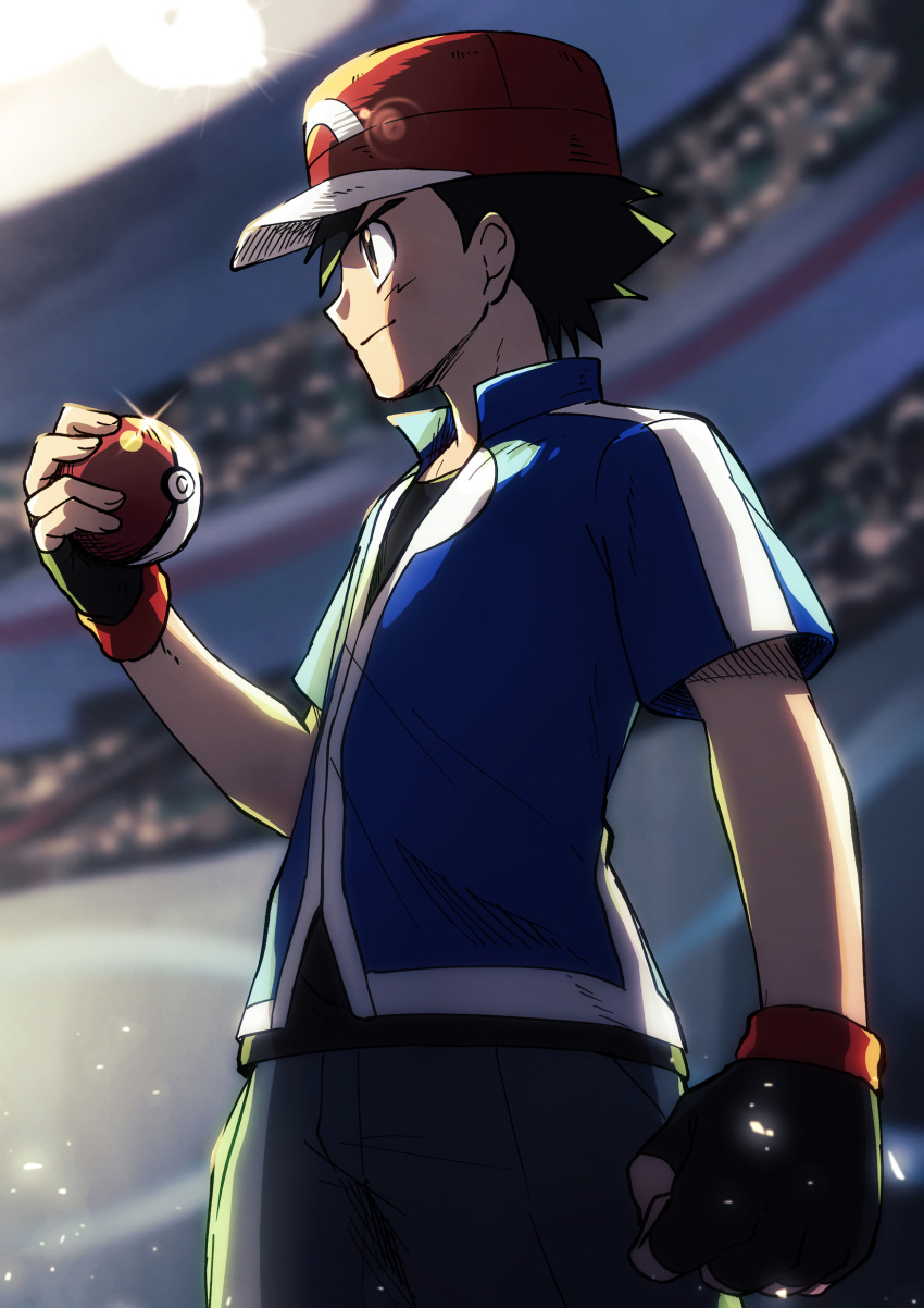 1boy absurdres baseball_cap black_gloves black_hair black_pants black_shirt blue_jacket blurry brown_eyes closed_mouth commentary_request depth_of_field fingerless_gloves from_side gloves hand_up hat highres holding holding_poke_ball jacket male_focus pants poke_ball poke_ball_(basic) pokemon pokemon_(anime) pokemon_xy_(anime) red_hat satoshi_(pokemon) shirt short_hair short_sleeves smile solo stadium yoi_(207342)