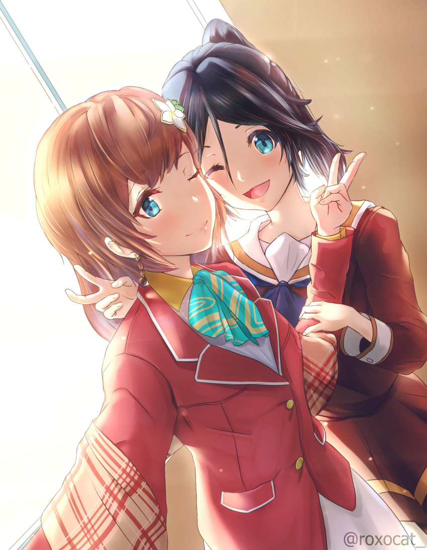 2girls absurdres artist_name ascot bad_id bad_twitter_id black_hair blazer blue_eyes blush brown_hair hair_between_eyes hana_macchia hana_macchia_(1st_costume) hibike!_euphonium highres holding_another's_arm jacket kasaki_nozomi liz_to_aoi_tori multiple_girls nijisanji nijisanji_id one_eye_closed open_mouth red_jacket roxocat school_uniform short_hair tied_hair v virtual_youtuber