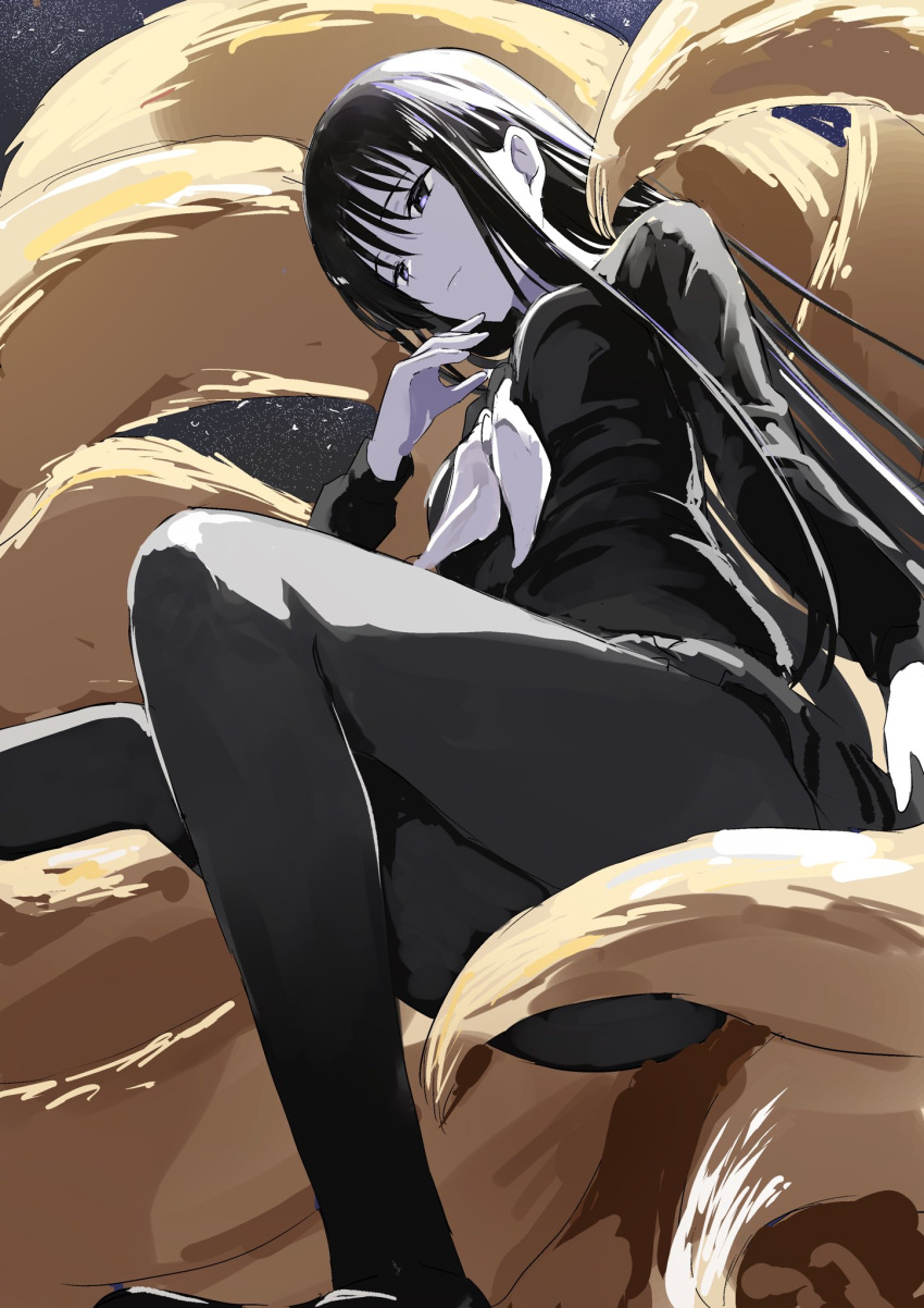 black_eyes black_hair black_pantyhose black_serafuku commentary eyebrows_hidden_by_hair female fox_girl fox_tail from_below hagoromo_gitsune highres long_hair looking_to_the_side manno_(kanpi2100) multiple_tails nurarihyon_no_mago pantyhose ribbon school_uniform serafuku solo symbol-only_commentary tail