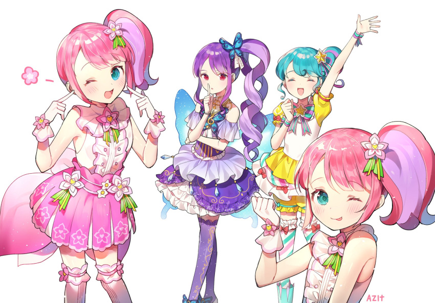 4girls ;d ;p arm_up azit_(down) blue_eyes butterfly_wings commentary_request dress hair_ornament hair_ribbon hand_on_own_face highres insect_wings junon_(pripara) kanon_(pripara) korean_commentary looking_at_viewer multiple_girls one_eye_closed open_mouth pink_dress pink_hair pinon_(pripara) pointing pointing_at_self pretty_series pripara purple_hair red_eyes ribbon shirt sleeveless sleeveless_shirt smile tongue tongue_out wings