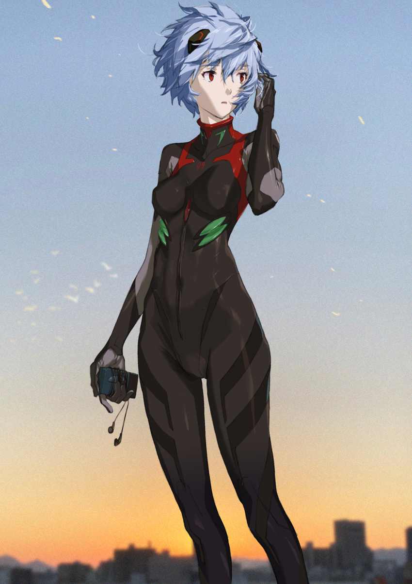 arm_at_side ayanami_rei black_bodysuit blue_hair blue_sky blurry blurry_background bodysuit breasts building cassette_player city cityscape clothes_writing commentary covered_navel earbuds earphones evangelion:_3.0_you_can_(not)_redo expressionless eyelashes facing_viewer feet_out_of_frame female floating_hair framed_breasts gradient_sky hair_between_eyes hand_up headgear highres holding interface_headset kiyohisa legs_apart light_blue_hair long_legs looking_afar messy_hair neon_genesis_evangelion orange_sky outdoors parted_lips pilot_suit plugsuit rebuild_of_evangelion red_eyes science_fiction shaded_face short_hair skin_tight skinny sky small_breasts solo sparks standing sunlight sunset very_short_hair