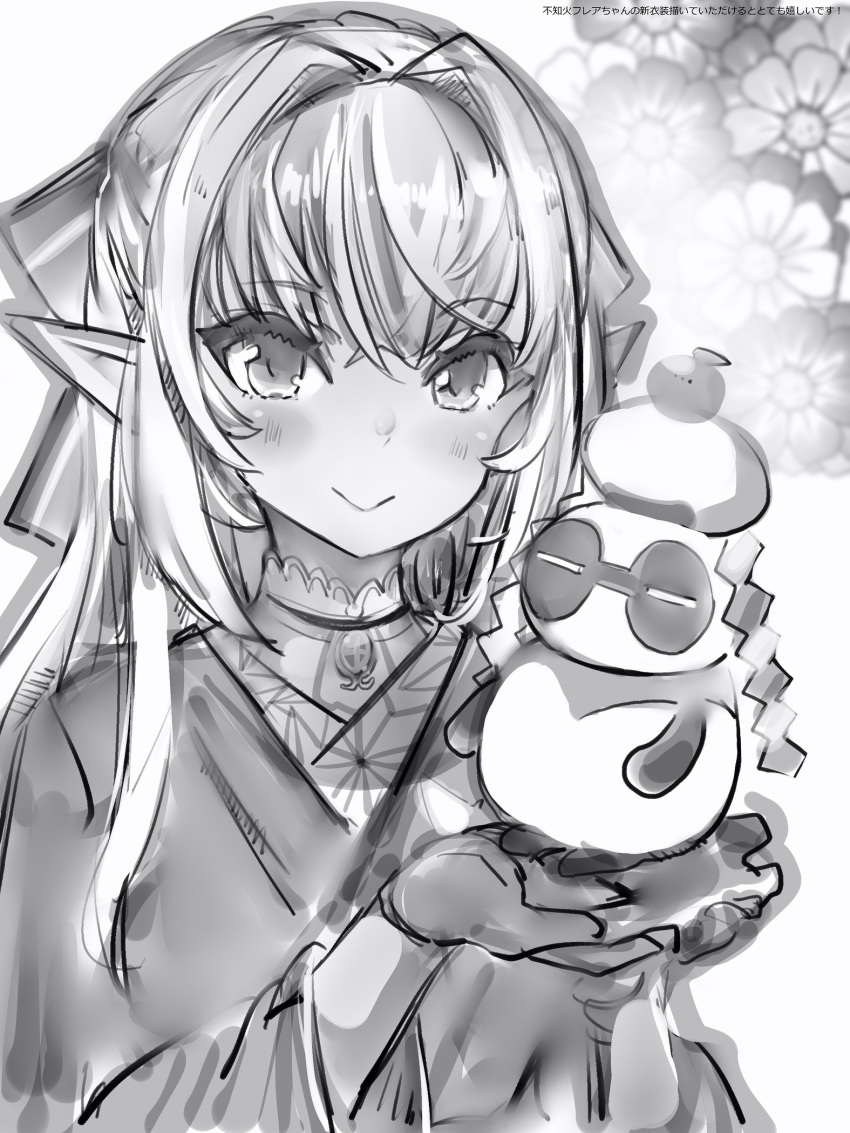 bad_id bad_twitter_id bow closed_mouth dark-skinned_female dark_elf dark_skin elf female gloves greyscale hair_intakes hairbow highres hololive japanese_clothes kimono kintsuba_(shiranui_flare) long_hair looking_at_viewer monochrome nanashi_(nlo) official_alternate_hairstyle pointy_ears shiranui_flare shiranui_flare_(new_year) sidelocks smile solo upper_body virtual_youtuber