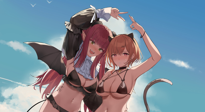 2girls :d absurdres animal_ears arm_up bikini bird black_bikini black_wings blue_sky blush bracelet breasts brown_hair cat_ears cleavage cosplay demon_girl demon_tail demon_wings detached_sleeves fake_animal_ears green_eyes hair_ornament hairclip hand_on_own_hip highres higuchi_madoka idolmaster idolmaster_shiny_colors jewelry kitagawa_marin large_breasts long_hair looking_at_viewer mole mole_under_eye multiple_girls navel outdoors parted_lips pink_hair pointy_ears purple_eyes rizu-kyun rizu-kyun_(cosplay) short_hair side-by-side sky smile sono_bisque_doll_wa_koi_wo_suru string_bikini swimsuit tail upper_body v wings yokii