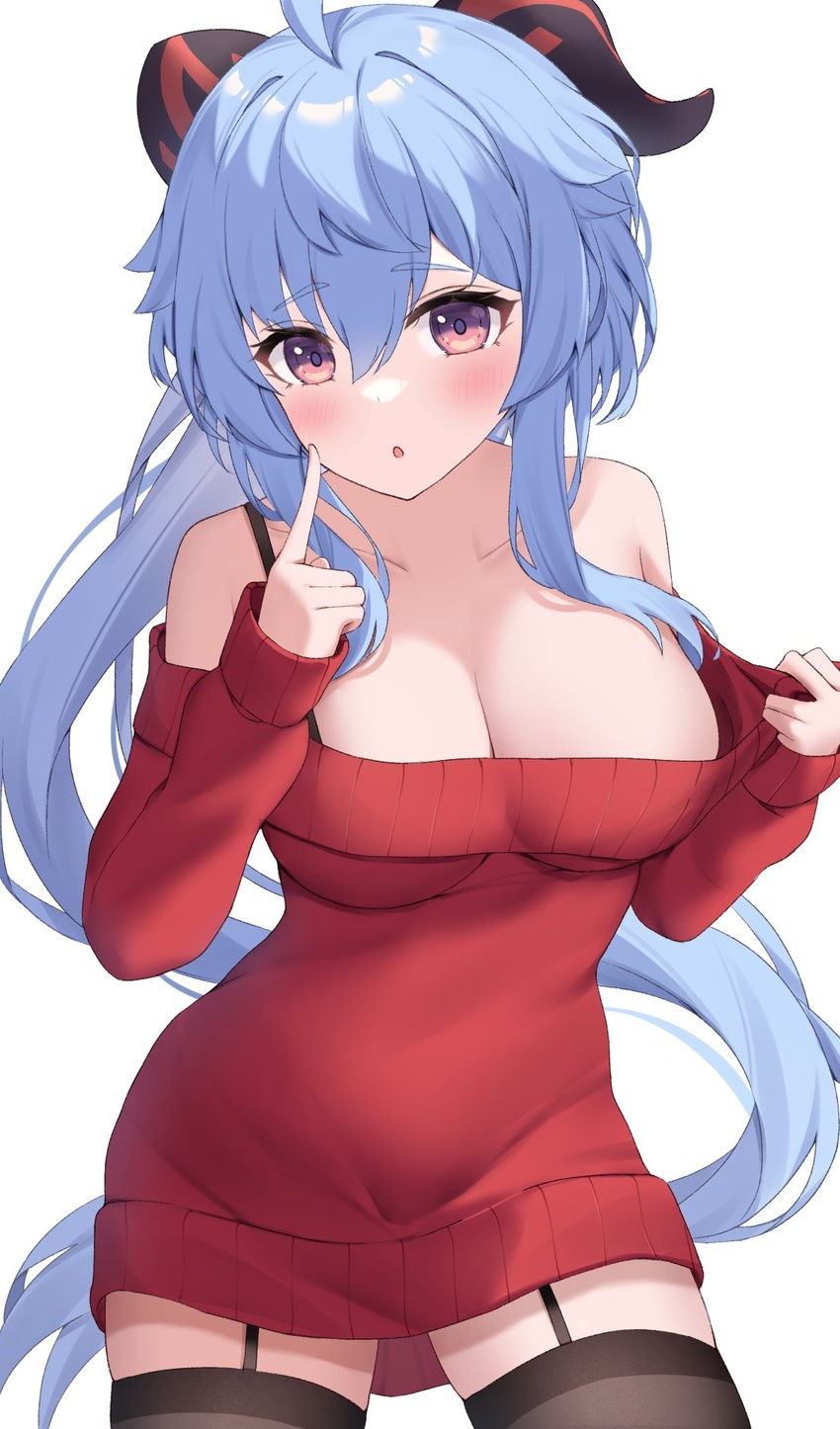 ahoge bare_shoulders black_thighhighs blue_hair blush breasts cleavage clothes_pull dress female ganyu_(genshin_impact) garter_straps genshin_impact highres horns large_breasts long_hair looking_at_viewer low_ponytail nyuu_(pixiv12143565) off-shoulder_dress off_shoulder open_mouth pulling_own_clothes purple_eyes red_dress sidelocks solo standing thighhighs white_background