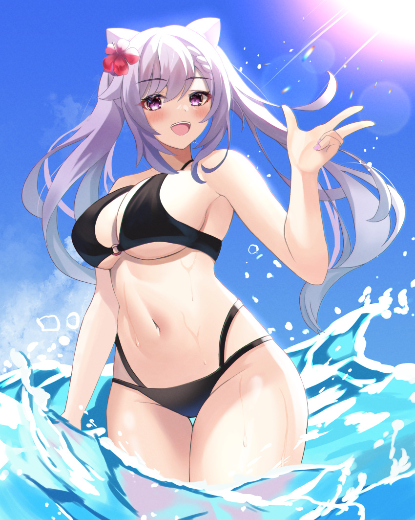 absurdres bad_id bad_pixiv_id bikini black_bikini blush braid breasts commentary_request cone_hair_bun female flower genshin_impact hair_bun hair_flower hair_ornament hand_up hibiscus highres keqing_(genshin_impact) large_breasts ocean open_mouth purple_eyes purple_hair smile solo soukoku sunlight swimsuit teeth twintails upper_teeth_only wading