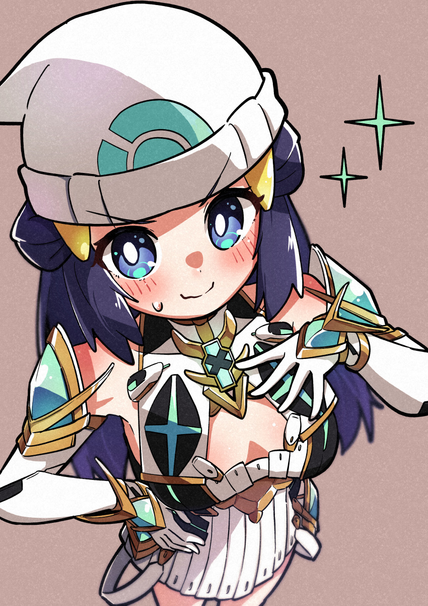 absurdres alternate_costume bare_shoulders breasts chest_jewel cleavage cleavage_cutout clothing_cutout cosplay dawn_(pokemon) dress elbow_gloves embarrassed female gloves highres merugamu_melgum mythra_(xenoblade) mythra_(xenoblade)_(cosplay) name_connection pokemon pokemon_dppt solo white_dress white_gloves xenoblade_chronicles_(series) xenoblade_chronicles_2