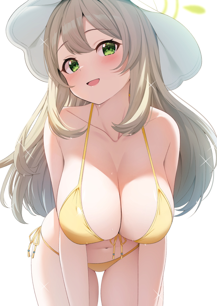 absurdres bikini blue_archive blush breasts cleavage collarbone commentary_request female front-tie_bikini_top front-tie_top halo halterneck hat highres large_breasts leaning_forward light_brown_hair long_hair looking_at_viewer navel nonomi_(blue_archive) nonomi_(swimsuit)_(blue_archive) rei_(ilust9999) side-tie_bikini_bottom simple_background smile solo straight_hair string_bikini sun_hat sweatdrop swimsuit very_long_hair white_background white_hat yellow_bikini