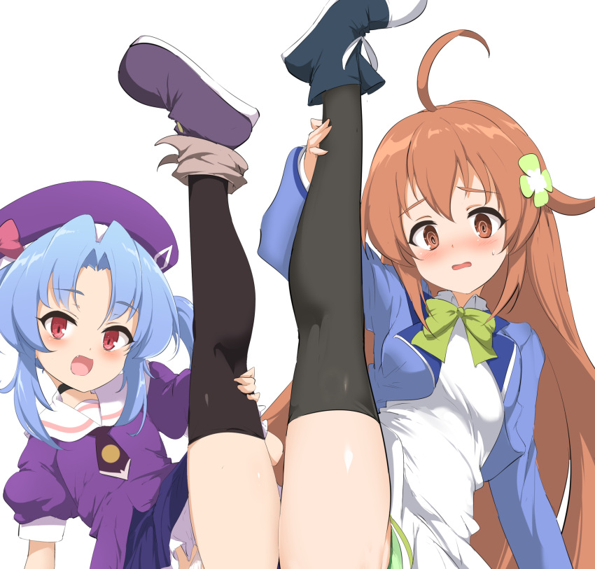 2girls :d ahoge amamiya_mimori beret black_footwear black_legwear black_panties blue_hair blue_jacket blue_skirt blush boots brown_eyes brown_hair commentary_request flower frilled_skirt frills green_flower green_panties hair_flower hair_ornament hat highres jacket kurobane_alice leg_up long_hair momio multiple_girls nose_blush oerba_yun_fang open_clothes open_jacket open_mouth panties parted_bangs parted_lips puffy_short_sleeves puffy_sleeves purple_footwear purple_headwear purple_shirt red_eyes sailor_collar shadowverse shadowverse_(anime) shirt short_sleeves simple_background skirt smile split standing standing_on_one_leg standing_split thighhighs thighhighs_under_boots two_side_up underwear very_long_hair white_background white_sailor_collar white_shirt