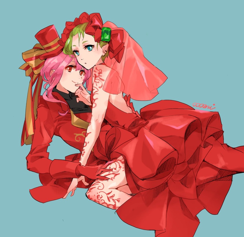 2girls alternate_costume alternate_hairstyle backless_dress backless_outfit blue_background bow commentary_request cowgirl_position dress formal gem gloves green_gemstone green_hair hair_behind_ear hairbow hand_on_another's_thigh hat henna looking_at_viewer macross macross_delta makina_nakajima multiple_girls ooomi pink_hair pointy_ears red_dress red_eyes red_gloves red_headwear red_suit reina_prowler short_hair suit tied_hair yellow_bow yuri