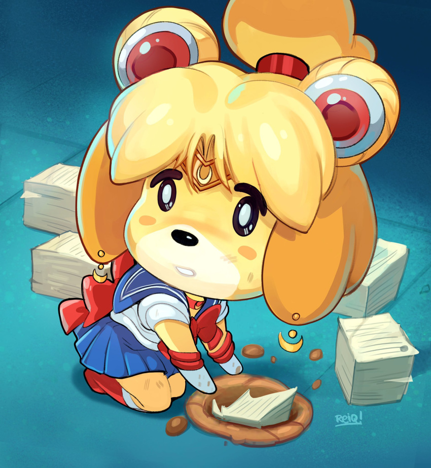 animal_crossing anthro asian_clothing big_head bottomwear burying_object canid canine canis chibi clothed clothing cosplay crossover crossover_cosplay digging digital_media_(artwork) dirt domestic_dog ear_piercing east_asian_clothing female fully_clothed hi_res isabelle_(animal_crossing) japanese_clothing japanese_school_uniform looking_at_viewer mammal meme nintendo piercing reiq sailor_moon_(series) sailor_moon_redraw_challenge school_uniform screencap_redraw serafuku skirt solo uniform