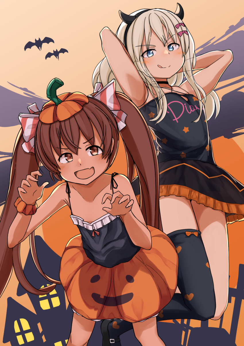 2girls :q bat_(animal) black_camisole black_choker black_footwear black_legwear black_skirt black_tank_top blonde_hair blue_eyes brown_eyes brown_hair building camisole choker clothes_writing fake_horns frilled_skirt frills grecale_(kancolle) hair_ribbon halloween halloween_costume hat heart heart_print highres horns kantai_collection libeccio_(kancolle) long_hair multiple_girls oerba_yun_fang open_mouth ribbon scrunchie single_thighhigh skin_fang skirt star_(symbol) star_print striped striped_ribbon tan tank_top thighhighs tongue tongue_out twintails wrist_scrunchie yotubawatane