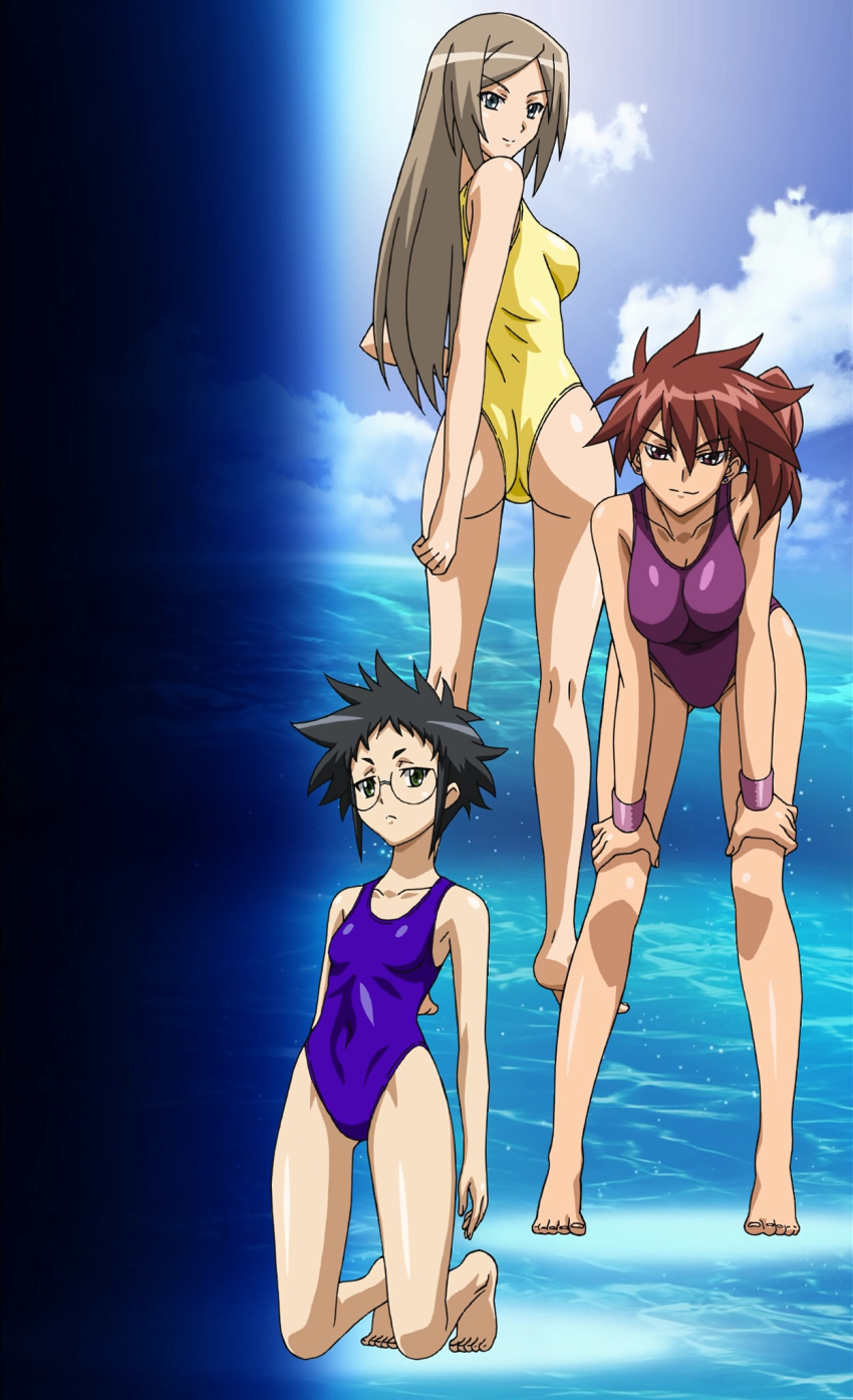 3girls aika_(series) aika_zero anime_screenshot ass ass_visible_through_thighs bare_legs bare_shoulders barefoot black_hair blonde_hair blue_eyes blue_one-piece_swimsuit blue_sky breasts cleavage closed_mouth collarbone covered_navel day earrings full_body green_eyes highres jewelry kneeling kneepits leaning_forward legs looking_at_viewer looking_back manami_(aika_zero) medium_breasts medium_hair misumi_(aika_zero) multiple_girls non-web_source ocean one-piece_swimsuit red_hair reiko_(aika_zero) short_hair side_ponytail sky smile standing stitched swimsuit thighs third-party_edit water wristband yamauchi_noriyasu