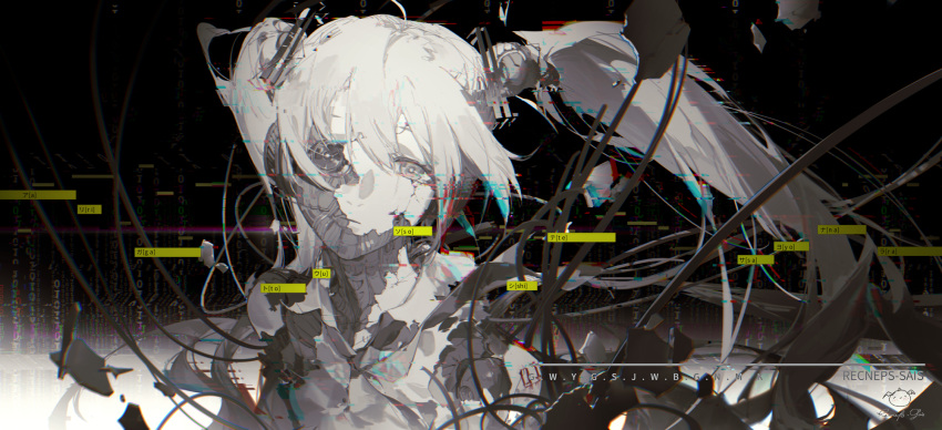 android artist_name backwards_text closed_mouth colored_skin commentary eyebrows_hidden_by_hair female floating_hair glitch grey_eyes hair_between_eyes hatsune_miku hatsune_miku_no_shoushitsu_(vocaloid) highres long_hair looking_at_viewer mechanical_parts signature solo spencer_sais twintails upper_body vocaloid vsq white_hair white_skin