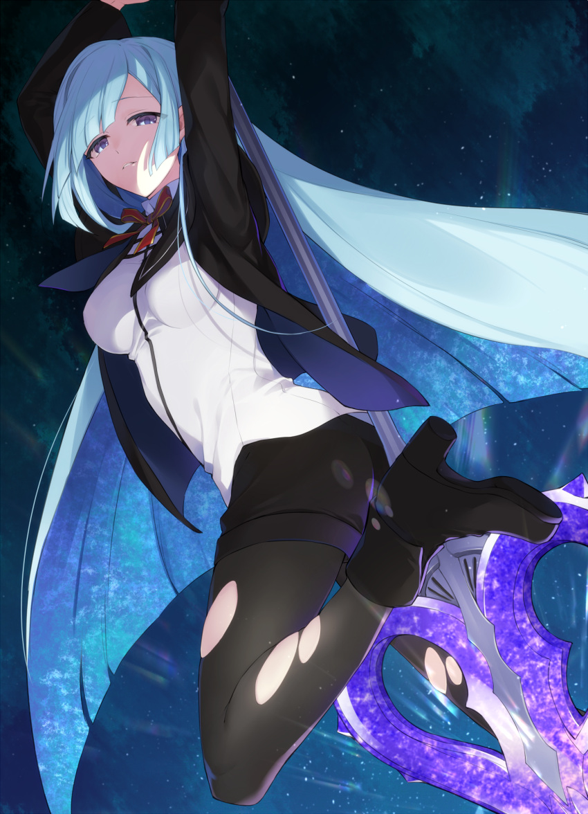 arms_up asymmetrical_bangs black_footwear boots breasts brynhildr_(fate) commentary_request fate/empire_of_dirt fate/prototype fate/prototype:_fragments_of_blue_and_silver fate_(series) female grey_hair high_heels highres kan'yu_(citron_82) long_hair looking_at_viewer medium_breasts pantyhose pantyhose_under_shorts purple_eyes school_uniform shorts solo torn_clothes torn_pantyhose very_long_hair