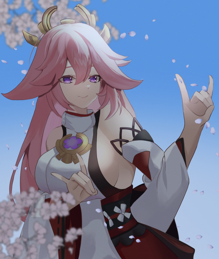 animal_ears bad_id bad_pixiv_id blue_sky breasts cherry_blossoms closed_mouth commentary_request detached_sleeves female fox_ears fox_shadow_puppet genshin_impact hands_up highres large_breasts long_hair long_sleeves looking_at_viewer pink_hair purple_eyes sky smile solo soukoku upper_body wide_sleeves yae_miko