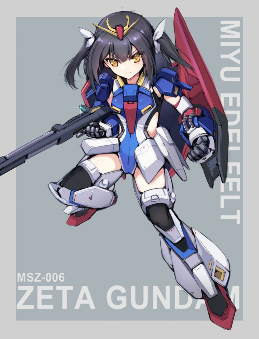 armor beam_rifle black_hair character_name clenched_hand commentary cosplay crossover energy_gun english_text fate/kaleid_liner_prisma_illya fate_(series) female full_body grey_background gundam highres leotard long_hair looking_at_viewer mecha_musume miyu_edelfelt science_fiction serious shield sidelocks solo taro_(ultrataro) twintails v-fin weapon yellow_eyes zeta_gundam zeta_gundam_(mobile_suit) zeta_gundam_(mobile_suit)_(cosplay)