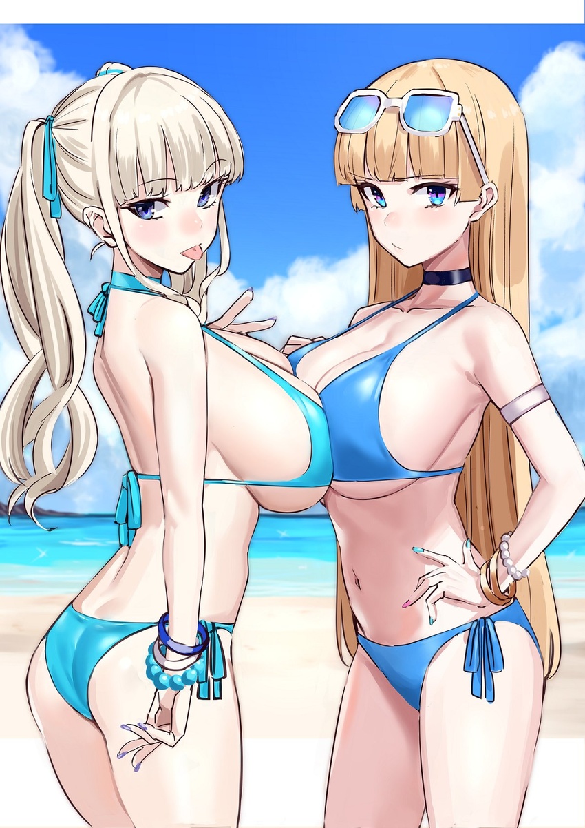 2girls ass back bare_shoulders bead_bracelet beads bikini blonde_hair blue_bikini blue_eyes blue_sky blunt_bangs blush bracelet breast_press breasts choker cleavage closed_mouth collarbone day eyewear_on_head highres huge_breasts jewelry light_blonde_haired_girl_(michihasu) lina_(michihasu) long_hair looking_at_viewer michihasu multiple_girls navel ocean original outdoors sky smile swimsuit symmetrical_docking thighs tongue tongue_out twintails white_hair