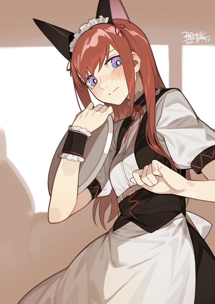 absurdres animal_ears apron bad_id bad_pixiv_id belt belt_buckle blue_eyes blush breasts brown_hair buckle cat_ears closed_mouth commentary corset dated eyebrows_hidden_by_hair female frills highres holding holding_plate long_hair looking_at_viewer maid maid_apron maid_headdress makise_kurisu nao_(syn_eaa) neck_ribbon plate red_ribbon ribbon small_breasts solo standing steins;gate waitress wrist_cuffs