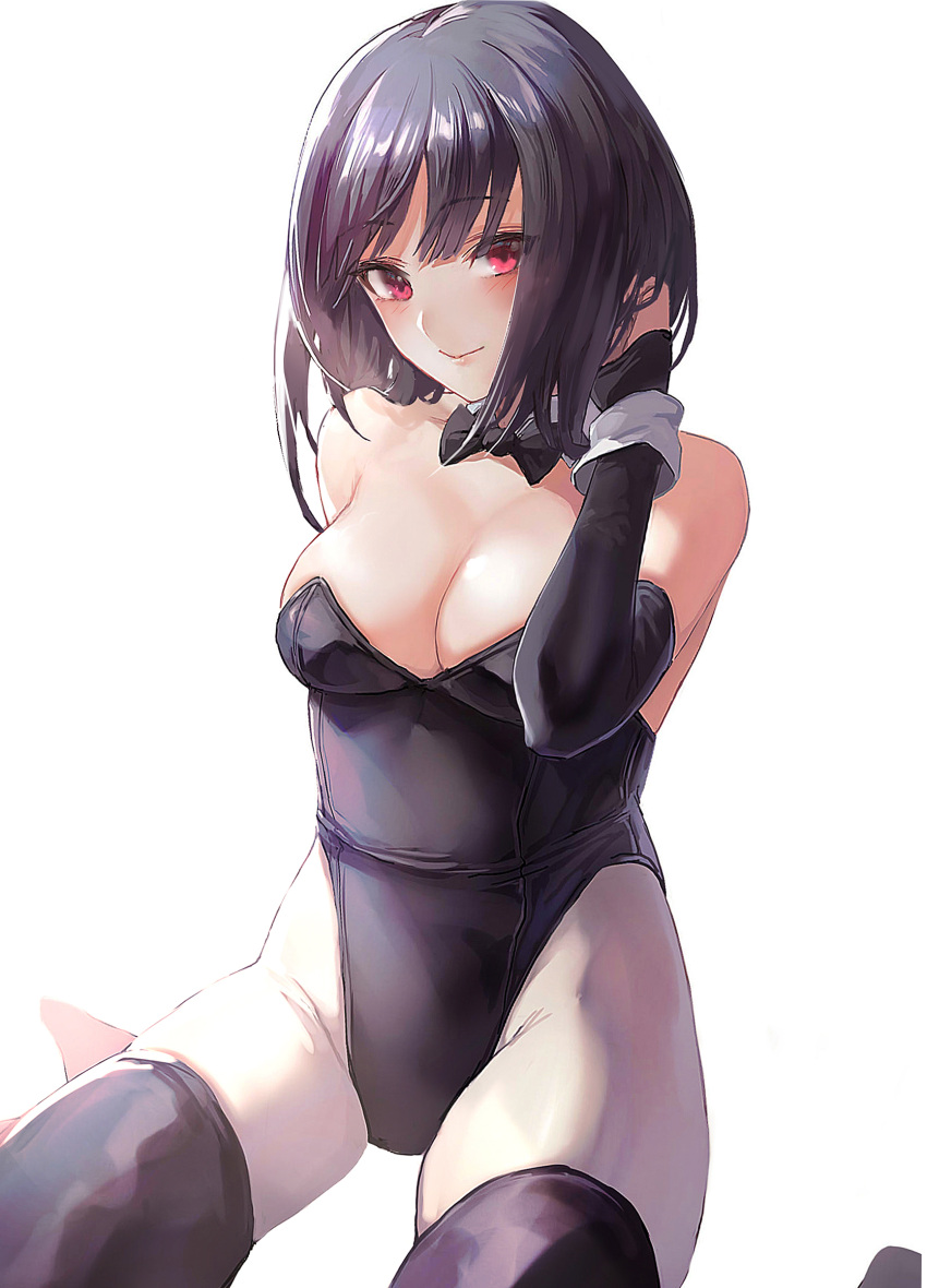 absurdres bare_shoulders black_hair black_leotard black_thighhighs blush breasts cleavage covered_navel detached_collar female highleg highleg_leotard highres leotard looking_at_viewer medium_breasts original otsukemono pantyhose red_eyes short_hair sitting smile solo thighhighs thighhighs_over_pantyhose thighs wariza white_background white_pantyhose wrist_cuffs