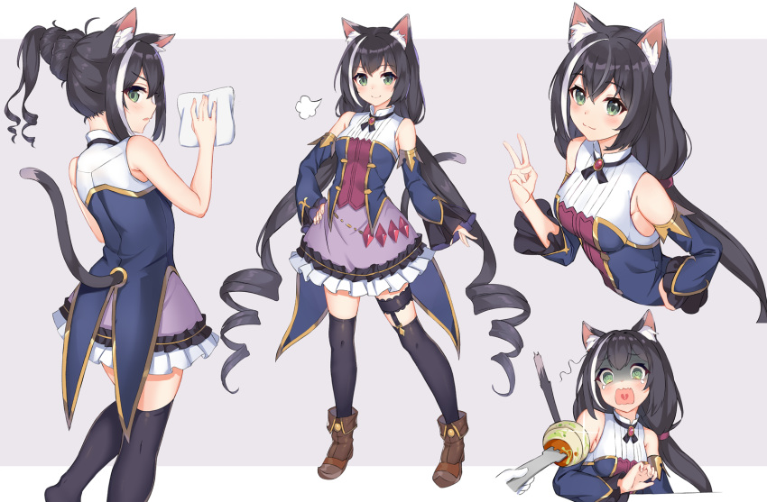 @_@ animal_ear_fluff animal_ears ankle_boots bare_shoulders black_hair black_thighhighs boots broken_heart brown_eyes cat_ears cat_girl cat_tail crying crying_with_eyes_open detached_sleeves dress female fork frilled_dress frills from_behind grey_background hand_on_own_chest heart highres holding holding_fork karyl_(princess_connect!) long_hair long_sleeves looking_at_viewer looking_back low_twintails maggot multicolored_clothes multicolored_dress multicolored_hair multiple_views noboru_(kamine204136) parted_lips ponytail princess_connect! sidelocks sleeveless sleeveless_dress sparkle streaked_hair tail tears thigh_strap thighhighs turn_pale twintails two-tone_background v very_long_hair white_hair zettai_ryouiki