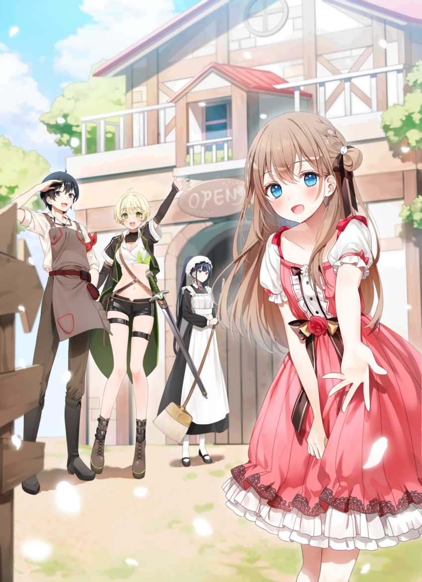 1boy 3girls :d a20_(atsumaru) apron arm_up bad_id bad_pixiv_id black_eyes black_hair black_ribbon black_shorts black_skirt blonde_hair blue_eyes blush bow braid breasts brown_apron brown_footwear brown_hair brown_pants cleavage day dress green_eyes hair_ribbon highres kyuutei_tan'yashi_no_shawasena_nichijou layered_dress leather_apron long_hair long_skirt looking_at_viewer maid micro_shorts midriff multiple_girls navel outdoors pants petals pink_dress ponytail red_bow ribbon shirt short_hair short_sleeves shorts skirt small_breasts smile standing stomach thigh_strap very_long_hair white_apron white_shirt white_sleeves