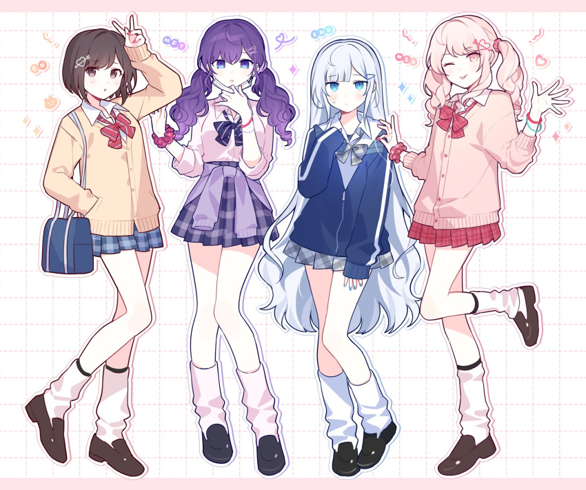 1other 25-ji_nightcord_de._(project_sekai) 3girls akiyama_mizuki asahina_mafuyu blue_eyes blunt_bangs bow bowtie brown_cardigan brown_eyes brown_hair cardigan commentary full_body gyaru hair_between_eyes hair_ornament hairclip heart highres kamiyama_high_school_uniform_(project_sekai) loafers long_hair long_sleeves looking_at_viewer loose_socks mask mask_pull miniskirt multiple_girls one_eye_closed pink_cardigan pink_eyes pink_hair project_sekai purple_hair school_uniform shinonome_ena shoes short_hair skirt socks standing tongue tongue_out twintails very_long_hair waka_(wk4444) white_hair white_socks yoisaki_kanade