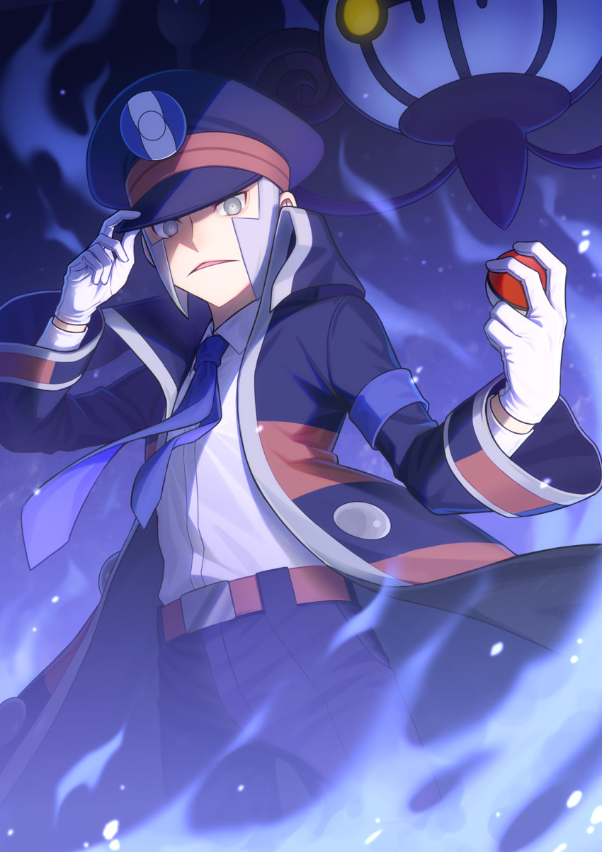 1boy belt belt_buckle black_coat black_headwear black_pants blue_necktie brown_belt buckle chandelure coat collared_shirt commentary_request dress_shirt fire gloves grey_eyes grey_hair hand_on_headwear hat high_collar highres holding holding_poke_ball ingo_(pokemon) long_sideburns long_sleeves looking_at_viewer male_focus minamo_(erkn7553) necktie pants parted_lips peaked_cap poke_ball poke_ball_(basic) pokemon pokemon_(creature) pokemon_bw shirt short_hair sideburns trench_coat white_gloves white_shirt