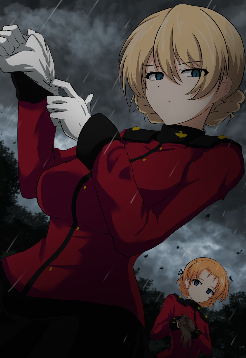 2girls absurdres adjusting_clothes adjusting_gloves aikir_(jml5160) black_skirt blonde_hair blue_eyes braid brown_gloves cloud cloudy_sky darjeeling_(girls_und_panzer) dutch_angle forest french_braid girls_und_panzer gloves green_eyes hair_between_eyes highres jacket looking_at_viewer multiple_girls nature orange_pekoe_(girls_und_panzer) rain red_jacket skirt sky st._gloriana's_military_uniform tree white_gloves