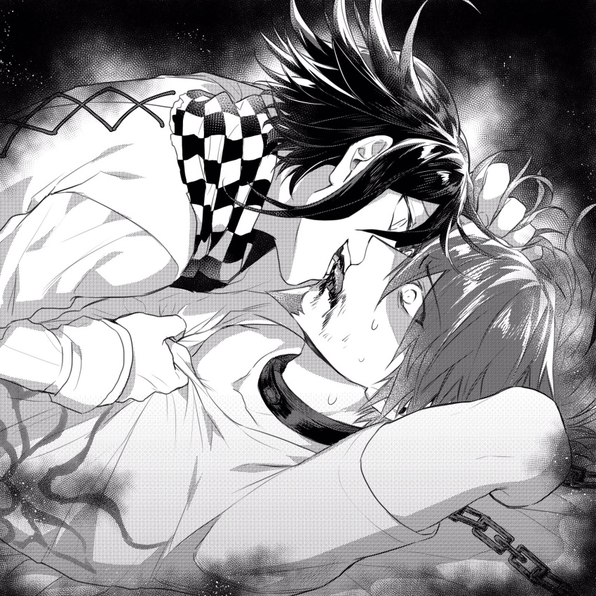 2boys arm_behind_head arm_up bad_id bad_twitter_id biting_tongue blood chained chains checkered_clothes checkered_scarf collar collarbone commentary_request danganronpa_(series) danganronpa_v3:_killing_harmony facial_hair fangs from_side goatee grabbing_another's_hair greyscale halftone highres long_sleeves looking_at_another male_focus metal_collar momota_kaito monochrome multiple_boys nanin oma_kokichi open_mouth print_shirt scarf shirt short_hair upper_body yaoi