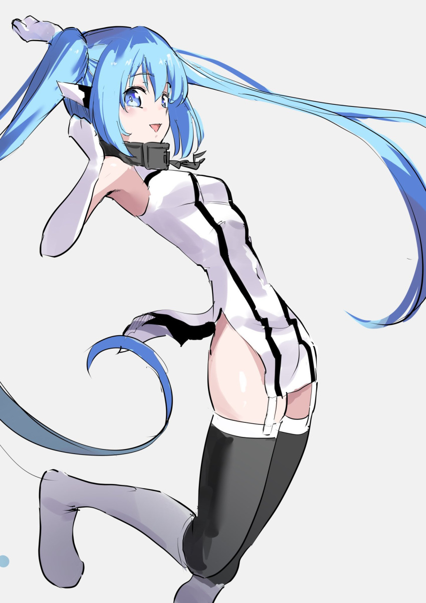 black_thighhighs blue_eyes blue_hair boots breasts chains collar eyebrows_hidden_by_hair female from_side highres long_hair looking_at_viewer manno_(kanpi2100) nymph_(sora_no_otoshimono) open_mouth simple_background sleeveless smile solo sora_no_otoshimono thighhighs twintails white_background