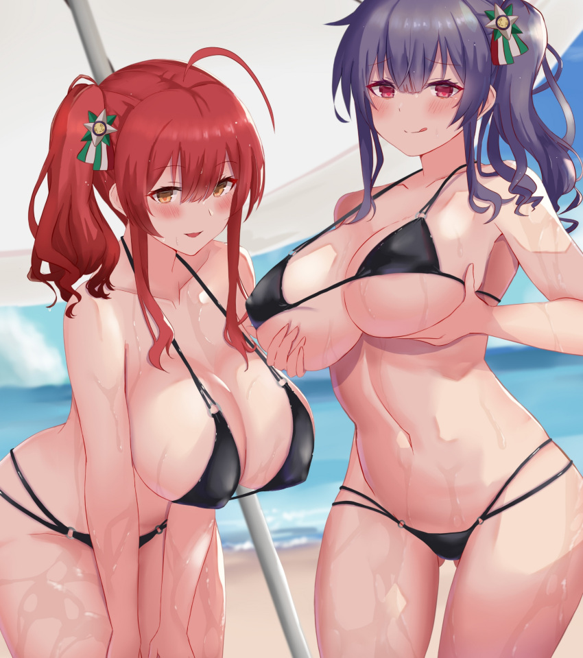 2girls :q ahoge azur_lane bare_shoulders beach bikini black_bikini blue_hair blush breast_lift breasts cleavage collarbone cosplay covered_nipples highres italian_flag large_breasts licking_lips long_hair looking_at_viewer multi-strapped_bikini multiple_girls navel o-ring o-ring_bikini official_alternate_costume orange_eyes pola_(azur_lane) ponytail red_eyes red_hair satou_aji side_ponytail sidelocks smile string_bikini swimsuit tongue tongue_out wet zara_(azur_lane) zara_(azur_lane)_(cosplay) zara_(poolside_coincidence)_(azur_lane)