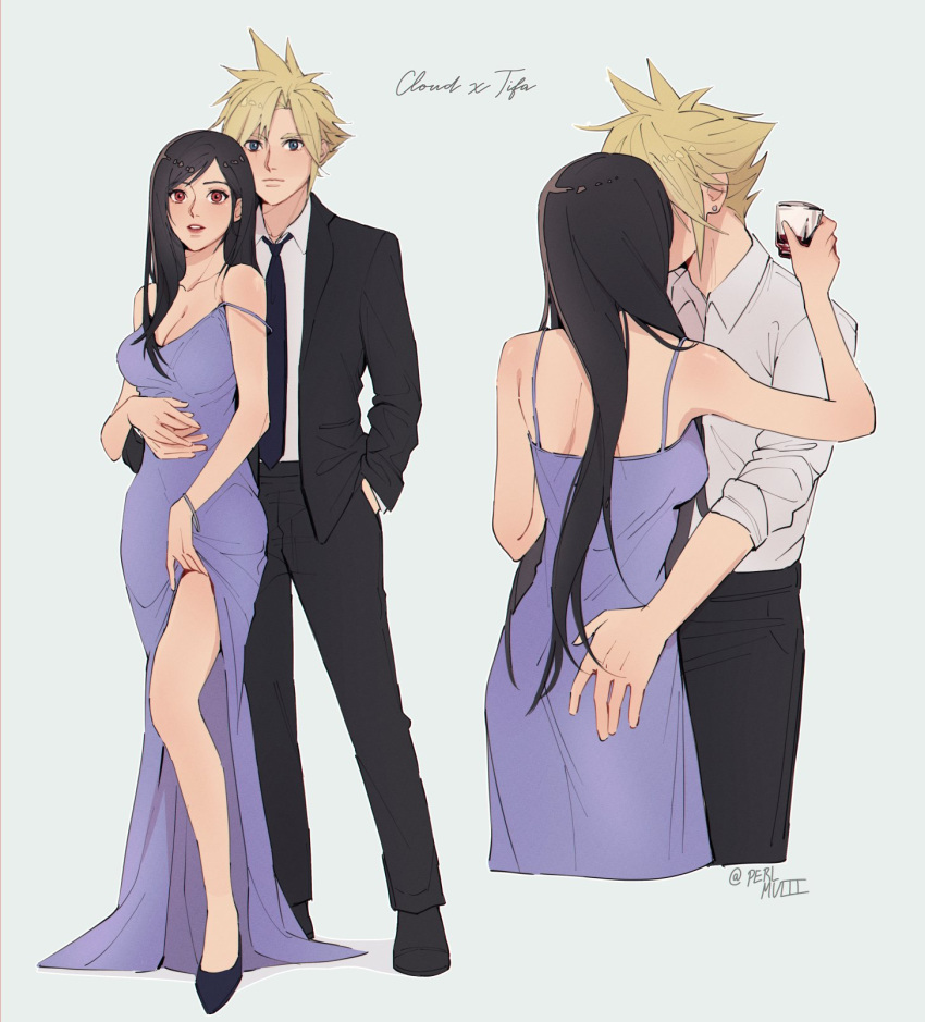 1boy bad_id bad_twitter_id black_hair blonde_hair blue_eyes breasts cleavage cloud_strife couple dress english_commentary female final_fantasy final_fantasy_vii final_fantasy_vii_remake formal hand_on_another's_stomach highres holding large_breasts long_dress long_hair looking_at_viewer necktie pudelmudel red_eyes spiked_hair straight suit tifa_lockhart