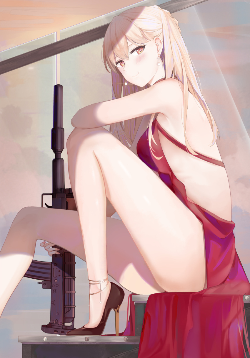 assault_rifle backless_dress backless_outfit bare_arms bare_legs bare_shoulders black_footwear blonde_hair blush braid breasts bullpup chinese_commentary closed_mouth commentary_request dress earrings female from_side girls'_frontline gun high_heels highres holding holding_weapon jewelry legs long_hair looking_at_viewer looking_to_the_side medium_breasts official_alternate_costume orange_eyes ots-14_(girls'_frontline) ots-14_(ruler_of_the_banquet)_(girls'_frontline) ots-14_groza red_dress rifle ru_zhai sideless_outfit sitting smile solo weapon