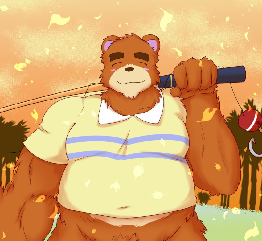 2020 animal_crossing anthro bear blush brown_body brown_fur closed_eyes clothing duston_douglas fur humanoid_hands male mammal nintendo outside overweight overweight_anthro overweight_male shirt solo teddy_(animal_crossing) topwear