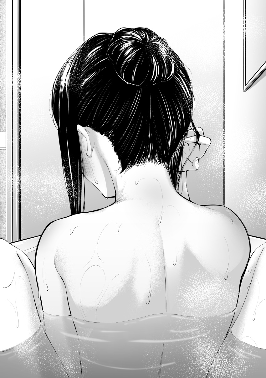 2girls absurdres back bathing bathtub commentary_request completely_nude facing_away female_pov from_behind greyscale hair_bun hand_up highres inoue_takina kitaku_(nakamachi_machi) lycoris_recoil monochrome multiple_girls nape nishikigi_chisato nude partially_submerged pov same-sex_bathing shared_bathing water wet