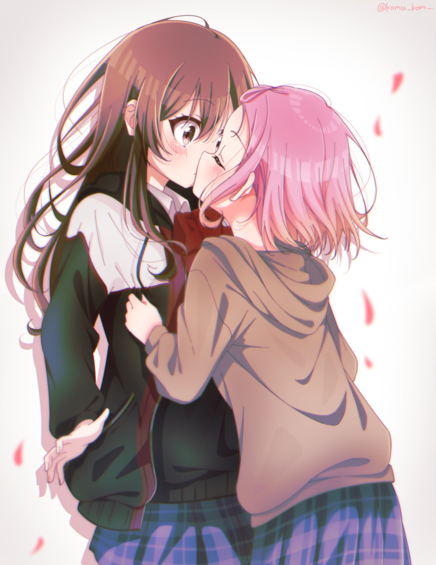 2girls bangs_pinned_back blush closed_eyes clutching_clothes d4dj highres hood hoodie inuyose_shinobu kissing komu_kom long_hair multiple_girls petals pink_hair surprise_kiss surprised yamate_kyouko yuri