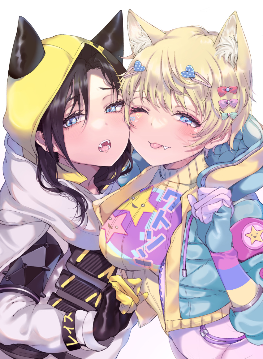 2girls ;p absurdres animal_ear_fluff animal_ears animification apex_legends black_gloves black_hair blonde_hair blue_eyes blue_gloves blue_jacket blush bodysuit bow breasts cheek-to-cheek closed_mouth commentary cropped_jacket drawstring facial_mark fang_out fangs gloves green_bow hair_between_eyes hair_ornament hairbow hairclip heads_together heart heart_hair_ornament highres hood hood_down hood_up hooded_jacket jacket kawaii_voltage_wattson kayanogura kemonomimi_mode long_sleeves looking_at_viewer medium_breasts multiple_girls oerba_yun_fang official_alternate_costume one_eye_closed open_clothes open_jacket open_mouth parted_bangs pink_bow red_bow shirt simple_background smile sweater tongue tongue_out turtleneck turtleneck_sweater void_prowler_wraith wattson_(apex_legends) white_background white_bodysuit white_shirt wraith_(apex_legends) yellow_sweater