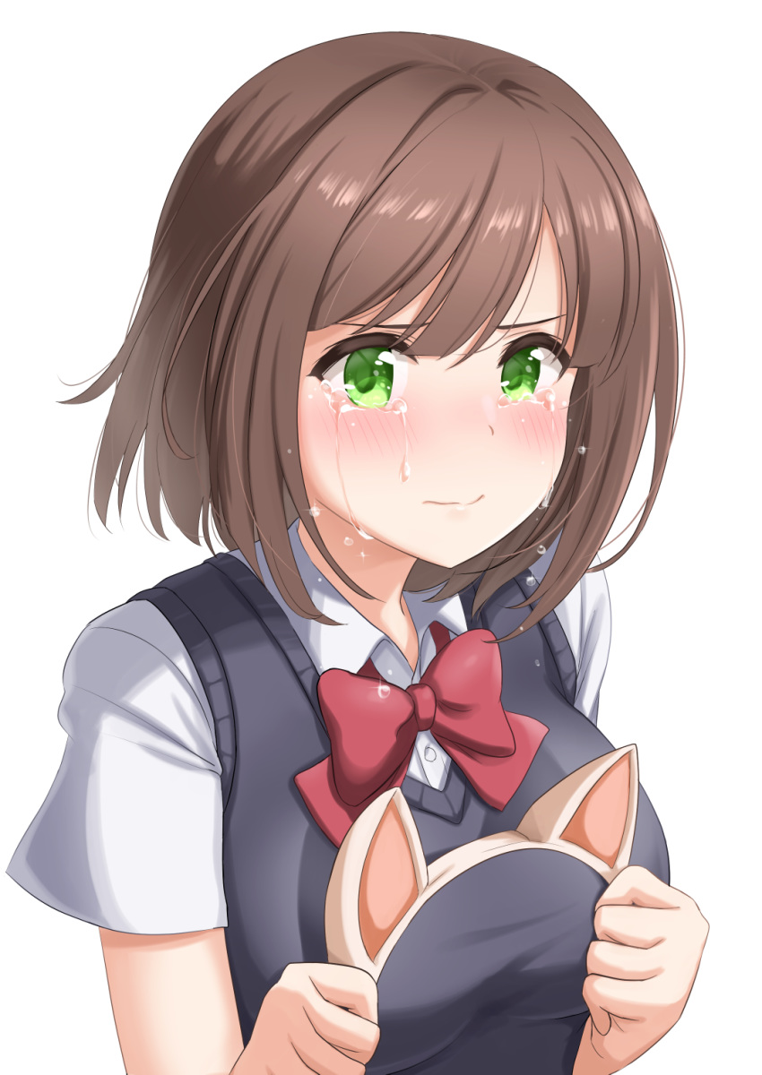 animal_ear_hairband animal_ears black_vest blush bow breasts brown_hair cat_ear_hairband cat_ears commentary_request cropped_torso crying crying_with_eyes_open dress_shirt fake_animal_ears female green_eyes hairband highres holding_hairband idolmaster idolmaster_cinderella_girls kibihimi large_breasts maekawa_miku red_bow school_uniform shirt short_hair short_sleeves tears vest