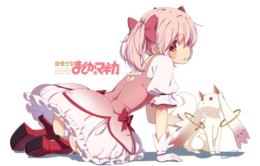 arm_support ass back_cutout bad_id bad_pixiv_id bow bubble_skirt clothing_cutout commentary_request copyright_name creature expressionless female frilled_skirt frilled_sleeves frills full_body gloves hair_over_one_eye hair_ribbon heart_cutout high_heels highres kaname_madoka kaname_madoka_(magical_girl) kyuubee light_blush looking_at_viewer looking_back mahou_shoujo_madoka_magica mahou_shoujo_madoka_magica_(anime) on_ground panties parted_lips pink_eyes pink_hair pink_ribbon puffy_sleeves red_bow red_footwear ribbon sando_(dukedevil) seiza shadow shoes shoulder_blades simple_background sitting skirt solo twintails underwear waist_bow white_background white_gloves white_panties white_skirt