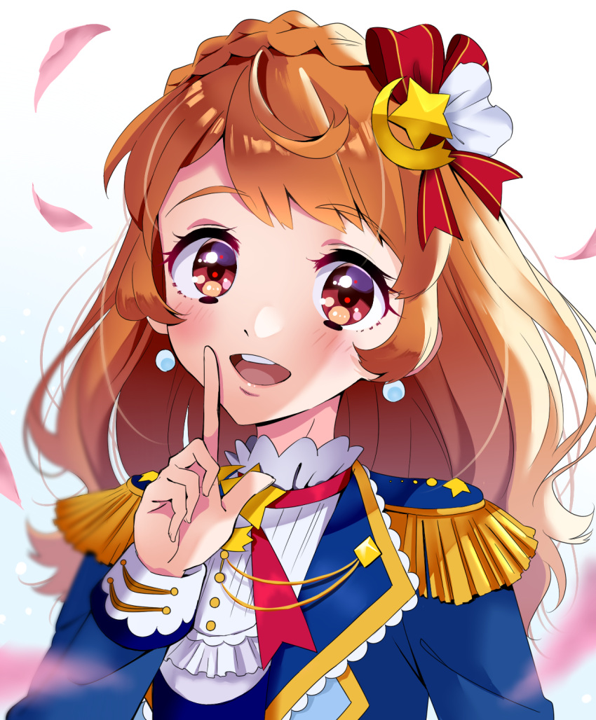 :d aikatsu! aikatsu!_(series) aikatsu_on_parade! arm_up bad_id bad_pixiv_id blue_jacket blush braid brown_eyes close-up collared_shirt commentary_request crown_braid earrings epaulettes female finger_to_mouth hair_ornament hair_ribbon highres idol index_finger_raised jacket jewelry kaoryu-kun lips long_hair looking_at_viewer neck_ribbon open_mouth orange_hair ozora_akari pearl_earrings petals red_ribbon ribbon round_teeth shirt shushing smile solo star_(symbol) star_hair_ornament teeth upper_body white_shirt